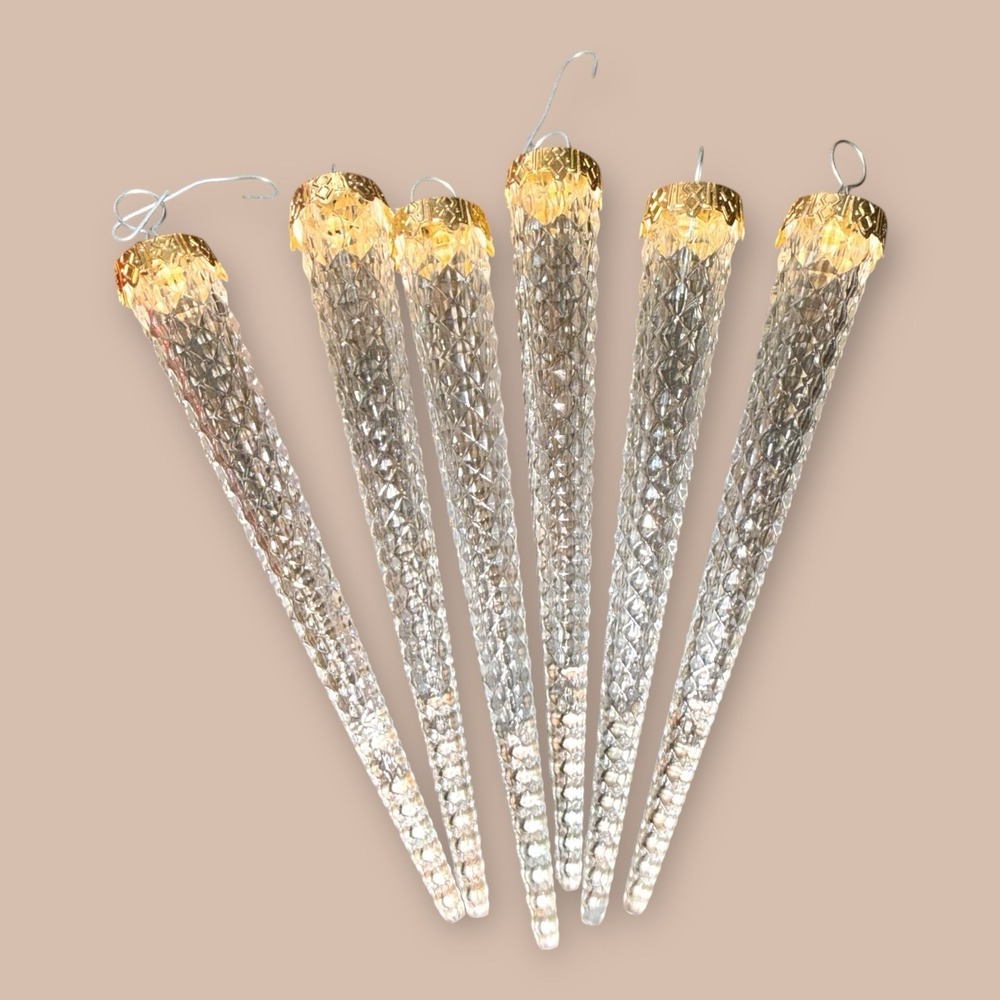 Vintage Icicle‎ Christmas Tree Ornaments Clear Plastic Gold Caps Lot of 15